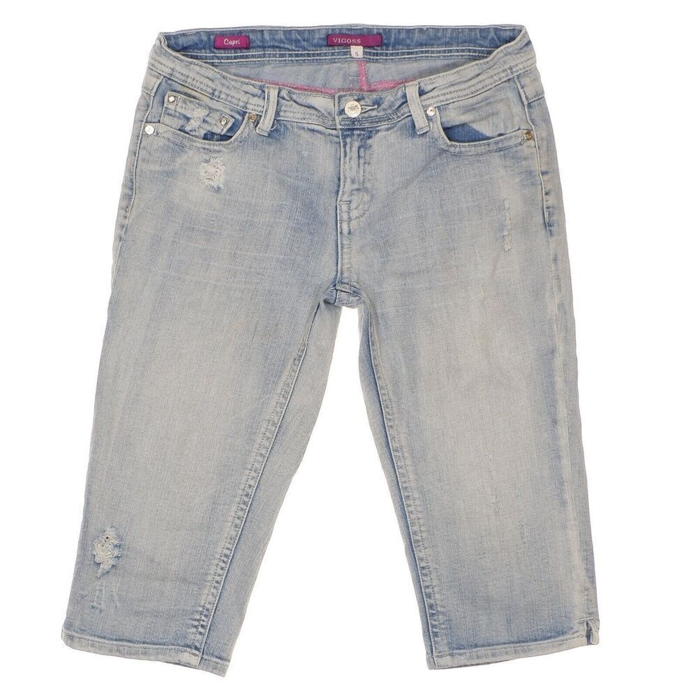 Vigoss Capri Jeans Size 5 Juniors Distressed Blue Denim Stretch Measures 30 x 15